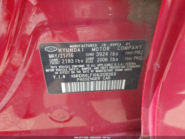 KMHD84LFXHU208369 Hyundai ELANTRA SE