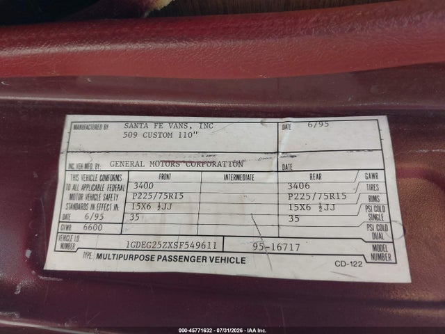 Продаж на аукціоні авто 1995 Gmc Rally Wagon / Van G2500, vin: 1GDEG25ZXSF549611, номер лоту: 45771632
