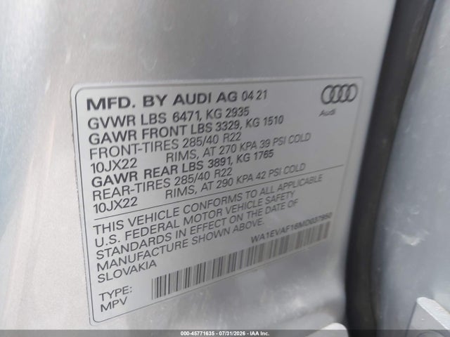 Продаж на аукціоні авто 2021 Audi Q8 Premium Plus 55 Tfsi Quattro Tiptronic, vin: WA1EVAF16MD037950, номер лоту: 45771635