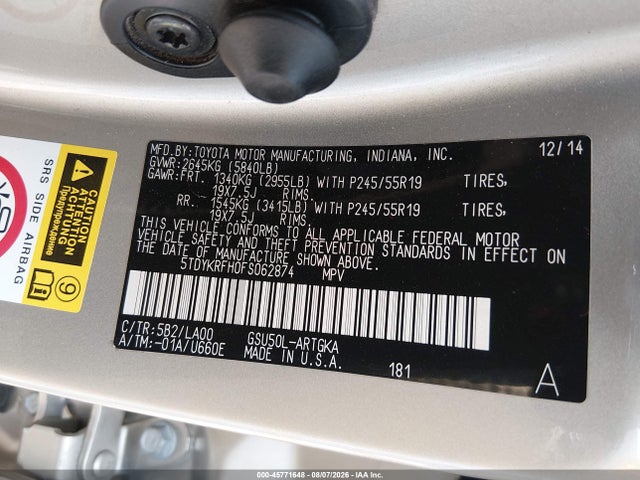 Toyota Highlander Limited V6 2015 5TDYKRFH0FS062874 Image 9