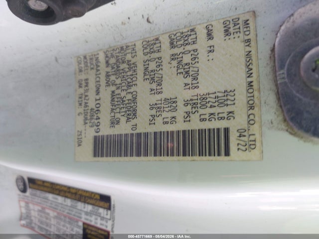 2022 Nissan Titan King Cab S 4x2 მანქანა იყიდება აუქციონზე, vin: 1N6AA1CE0NN106499, აუქციონის ნომერი: 45771669