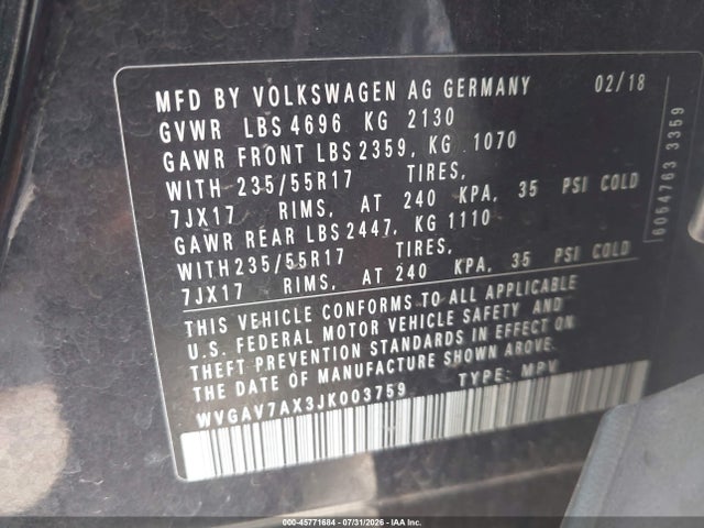 2018 Volkswagen Tiguan Limited 2.0t მანქანა იყიდება აუქციონზე, vin: WVGAV7AX3JK003759, აუქციონის ნომერი: 45771684