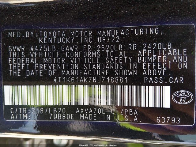 Продаж на аукціоні авто 2022 Toyota Camry Xse, vin: 4T1K61AK7NU718881, номер лоту: 45771702