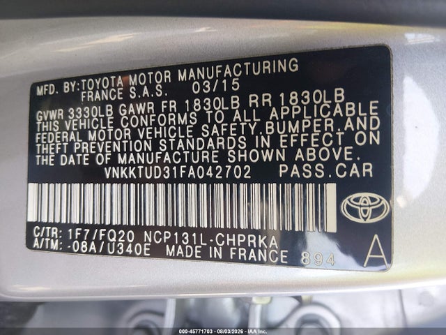 2015 Toyota Yaris L მანქანა იყიდება აუქციონზე, vin: VNKKTUD31FA042702, აუქციონის ნომერი: 45771703