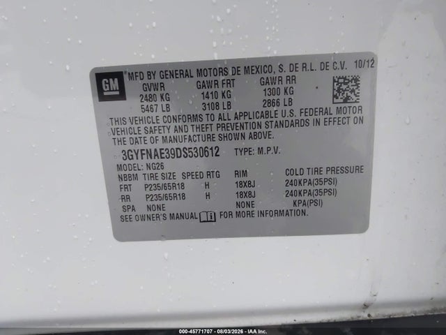 45771707 :رقم المزاد ، 3GYFNAE39DS530612 vin ، 2013 Cadillac Srx Standard مزاد بيع