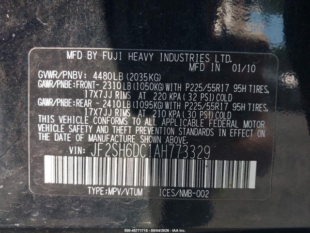 Продажа на аукционе авто 2010 Subaru Forester 2.5x Limited, vin: JF2SH6DC1AH773329, номер лота: 45771715