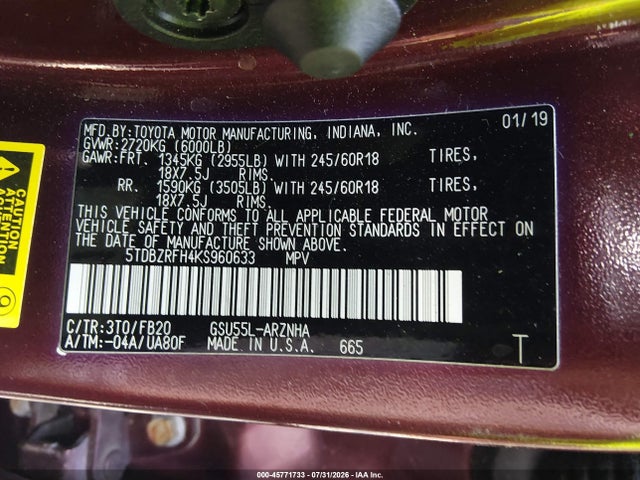 45771733 :رقم المزاد ، 5TDBZRFH4KS960633 vin ، 2019 Toyota Highlander Le مزاد بيع