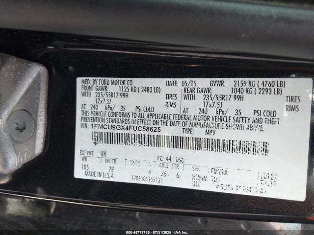 Продажа на аукционе авто 2015 Ford Escape Se, vin: 1FMCU9GX4FUC58625, номер лота: 45771735