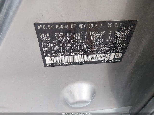 2018 Honda Fit Ex მანქანა იყიდება აუქციონზე, vin: 3HGGK5H81JM725445, აუქციონის ნომერი: 45771748