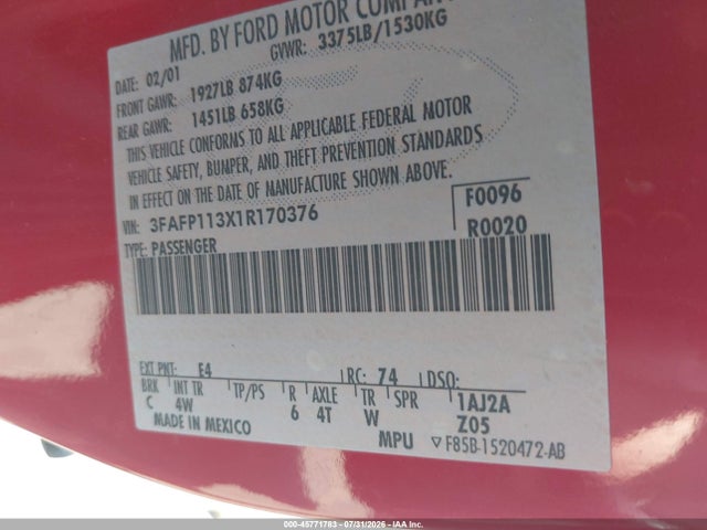45771783 :رقم المزاد ، 3FAFP113X1R170376 vin ، 2001 Ford Escort Zx2 مزاد بيع