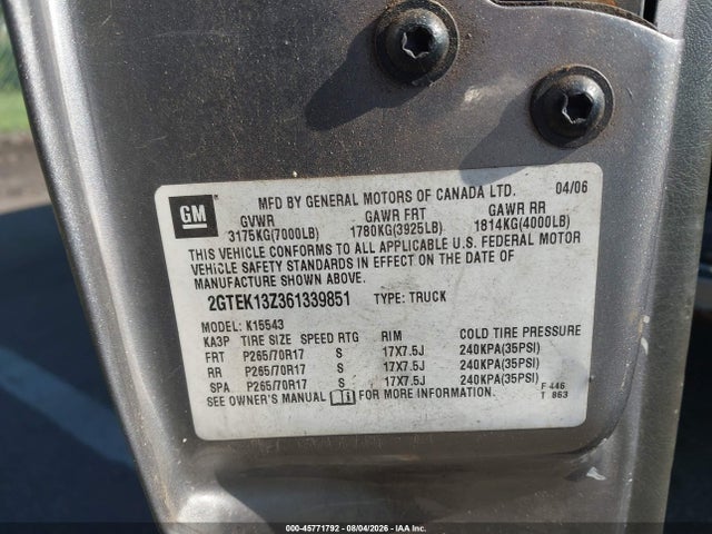 Aukcja sprzedaży 2006 Gmc New Sierra K1500, vin: 2GTEK13Z361339851, numer aukcji: 45771792