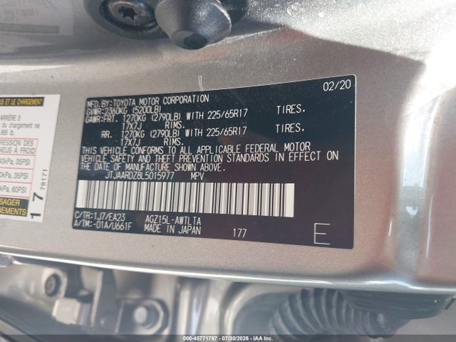 45771797 :رقم المزاد ، JTJAARDZ8L5015977 vin ، 2020 Lexus Nx 300 مزاد بيع