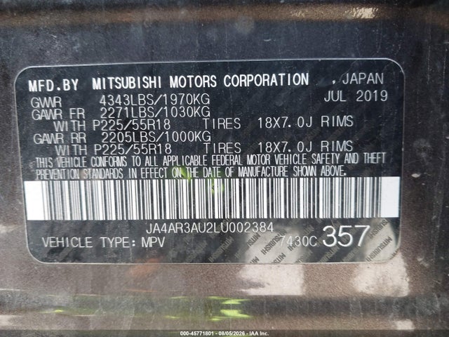 Aukcja sprzedaży 2020 Mitsubishi Outlander Sport 2.0 Es Awc, vin: JA4AR3AU2LU002384, numer aukcji: 45771801