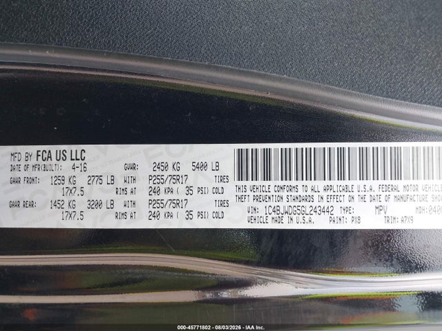 2016 Jeep Wrangler Unlimited Sport მანქანა იყიდება აუქციონზე, vin: 1C4BJWDG5GL243442, აუქციონის ნომერი: 45771802