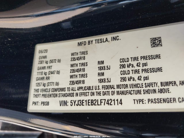 45771804 :رقم المزاد ، 5YJ3E1EB2LF742114 vin ، 2020 Tesla Model 3 Long Range Dual Motor All-wheel Drive مزاد بيع