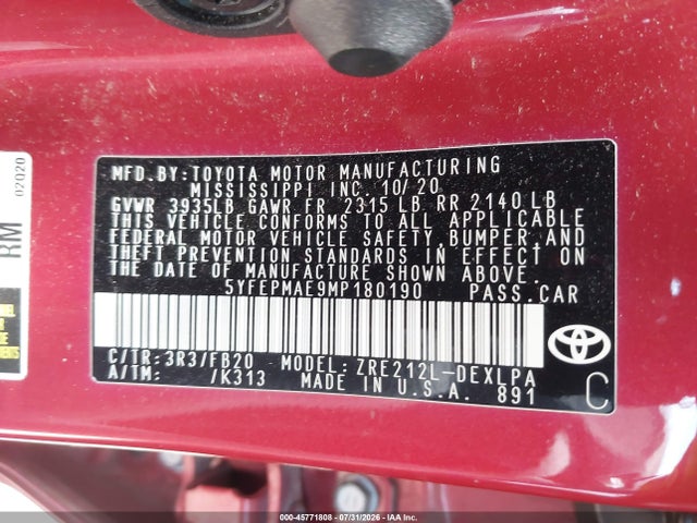 5YFEPMAE9MP180190 Toyota COROLLA LE