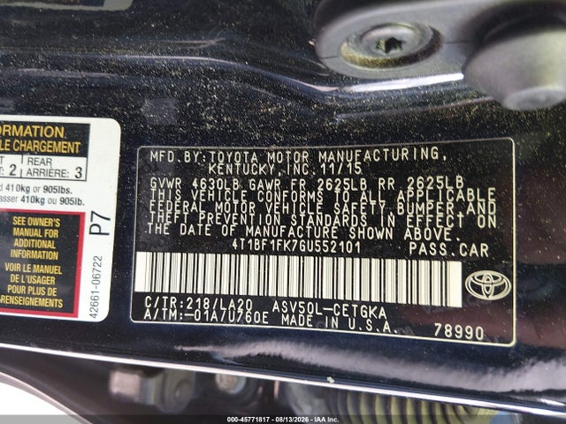 45771817 :رقم المزاد ، 4T1BF1FK7GU552101 vin ، 2016 Toyota Camry Xle مزاد بيع