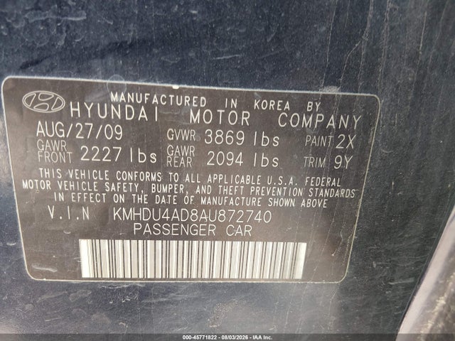 Aukcja sprzedaży 2010 Hyundai Elantra Gls, vin: KMHDU4AD8AU872740, numer aukcji: 45771822
