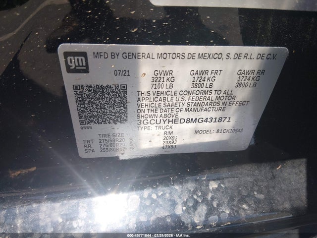 2021 Chevrolet Silverado 1500 4wd  Short Bed High Country მანქანა იყიდება აუქციონზე, vin: 3GCUYHED8MG431871, აუქციონის ნომერი: 45771844