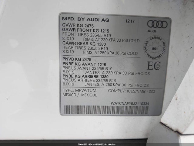 Aukcja sprzedaży 2018 Audi Q5 2.0t Premium/2.0t Tech Premium, vin: WA1CNAFY5J2110334, numer aukcji: 45771854
