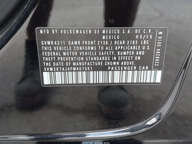 45771859 :رقم المزاد ، 3VW2K7AJ4FM407051 vin ، 2015 Volkswagen Jetta 2.0l S مزاد بيع