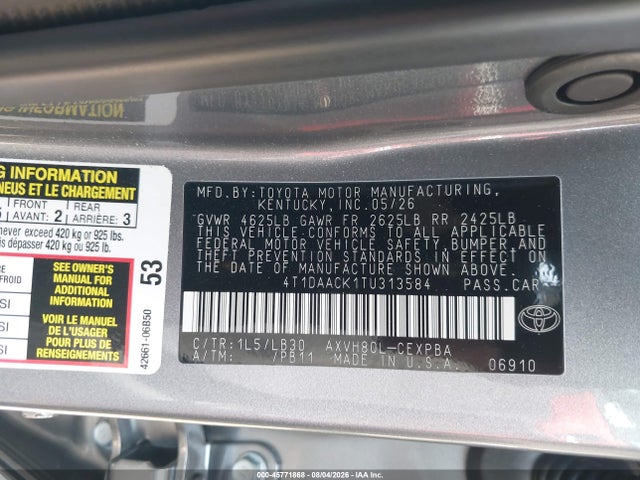 Продажа на аукционе авто 2026 Toyota Camry Xse, vin: 4T1DAACK1TU313584, номер лота: 45771868