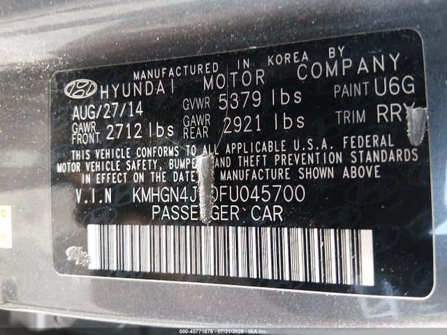 2015 Hyundai Genesis 3.8 მანქანა იყიდება აუქციონზე, vin: KMHGN4JE0FU045700, აუქციონის ნომერი: 45771876