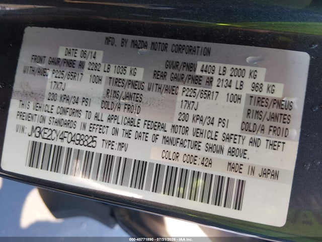 45771890 :رقم المزاد ، JM3KE2CY4F0498825 vin ، 2015 Mazda Cx-5 Touring مزاد بيع
