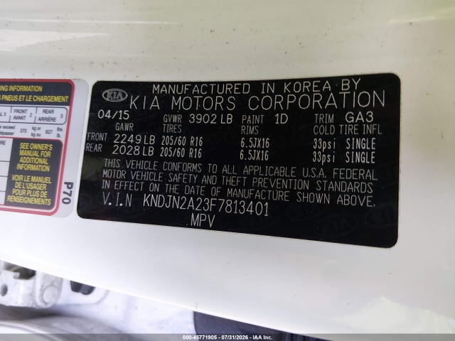 Aukcja sprzedaży 2015 Kia Soul, vin: KNDJN2A23F7813401, numer aukcji: 45771905