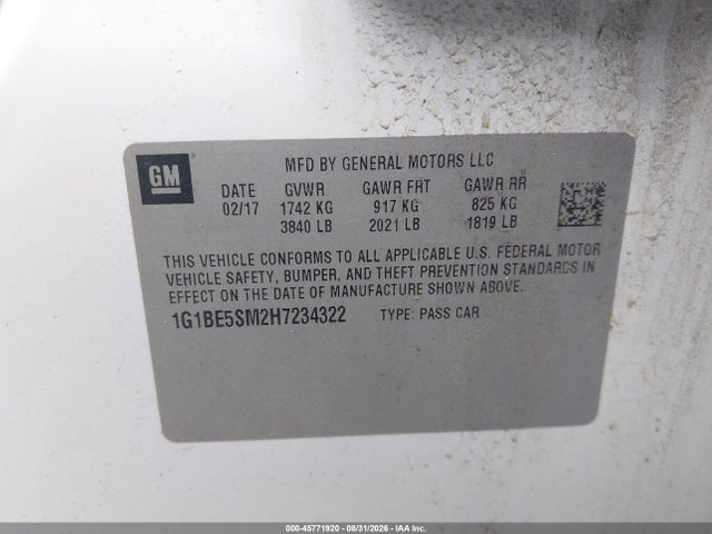 Продажа на аукционе авто 2017 Chevrolet Cruze Lt Auto, vin: 1G1BE5SM2H7234322, номер лота: 45771920