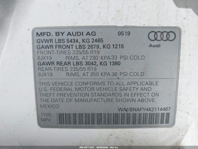 2019 Audi Q5 45 Premium მანქანა იყიდება აუქციონზე, vin: WA1BNAFY4K2114467, აუქციონის ნომერი: 45771927