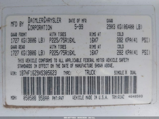 45771934 :رقم المزاد ، 1B7HF16Z9XS305623 vin ، 1999 Dodge Ram 1500 St مزاد بيع