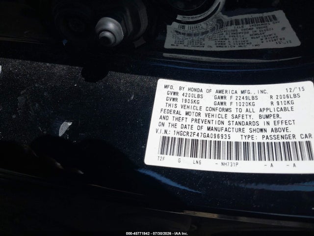 Honda ACCORD LX 2016 1HGCR2F47GA096935 Image 9