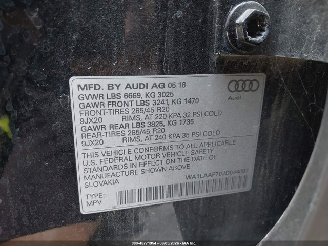 Продаж на аукціоні авто 2018 Audi Q7 3.0t Premium, vin: WA1LAAF70JD044007, номер лоту: 45771954