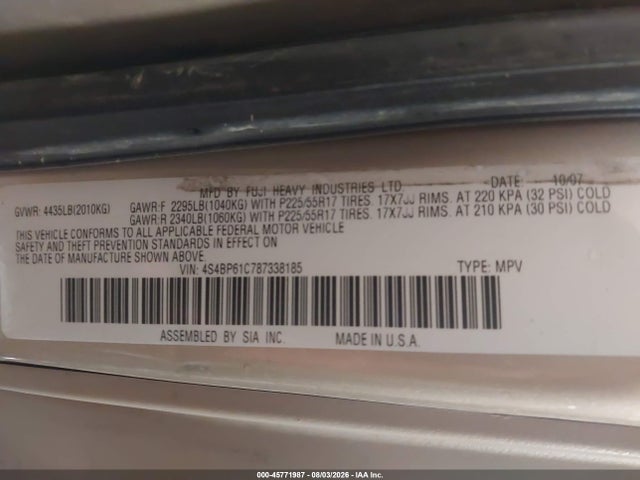45771987 :رقم المزاد ، 4S4BP61C787338185 vin ، 2008 Subaru Outback 2.5i/2.5i L.l. Bean Edition مزاد بيع