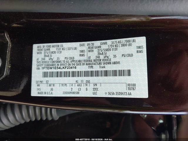45772010 :رقم المزاد ، 1FTEW1E54LKF23416 vin ، 2020 Ford F-150 Xl مزاد بيع