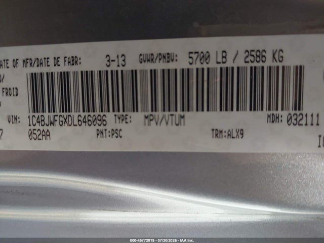 2013 Jeep Wrangler Unlimited Rubicon მანქანა იყიდება აუქციონზე, vin: 1C4BJWFGXDL646096, აუქციონის ნომერი: 45772019