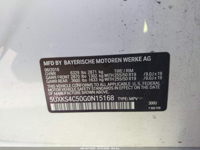 Aukcja sprzedaży 2016 Bmw X5 Xdrive35d, vin: 5UXKS4C50G0N15168, numer aukcji: 45772020