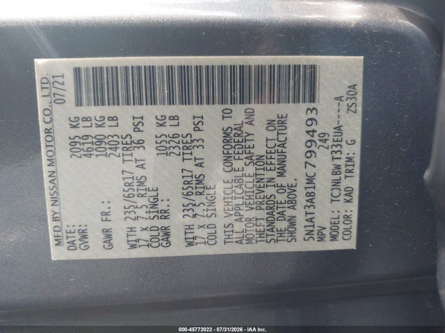 45772022 :رقم المزاد ، 5N1AT3AB1MC799493 vin ، 2021 Nissan Rogue S Intelligent Awd مزاد بيع