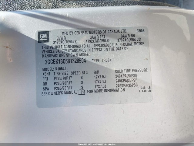 Aukcja sprzedaży 2008 Chevrolet Silverado 1500 Ls, vin: 2GCEK13C681328504, numer aukcji: 45772032