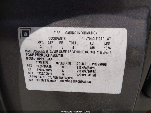 45772042 :رقم المزاد ، 1G4HP52K8XH483710 vin ، 1999 Buick Lesabre Custom مزاد بيع