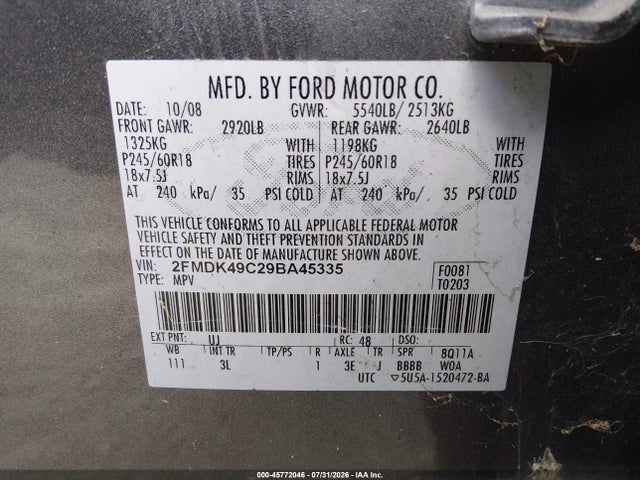 45772046 :رقم المزاد ، 2FMDK49C29BA45335 vin ، 2009 Ford Edge Limited مزاد بيع