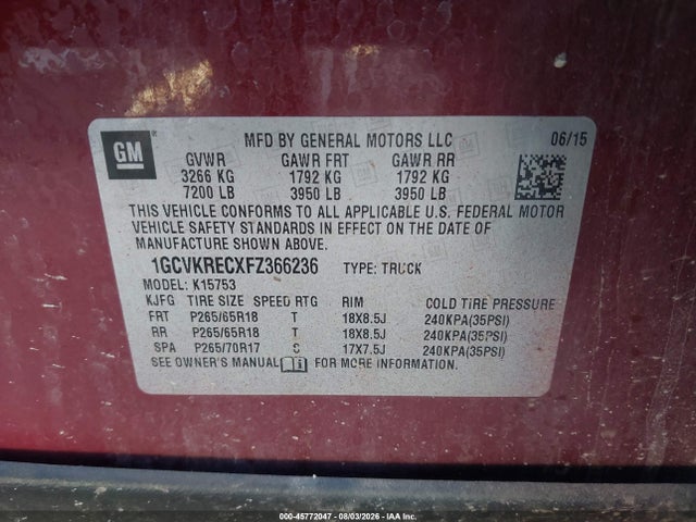 45772047 :رقم المزاد ، 1GCVKRECXFZ366236 vin ، 2015 Chevrolet Silverado 1500 Lt مزاد بيع