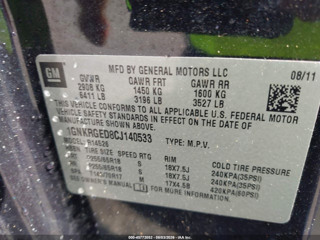 2012 Chevrolet Traverse Lt W/1lt მანქანა იყიდება აუქციონზე, vin: 1GNKRGED8CJ140533, აუქციონის ნომერი: 45772052