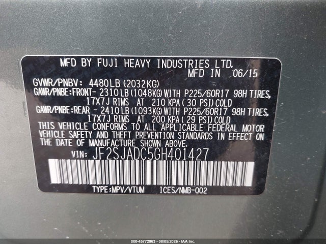 45772063 :رقم المزاد ، JF2SJADC5GH401427 vin ، 2016 Subaru Forester 2.5i Premium مزاد بيع