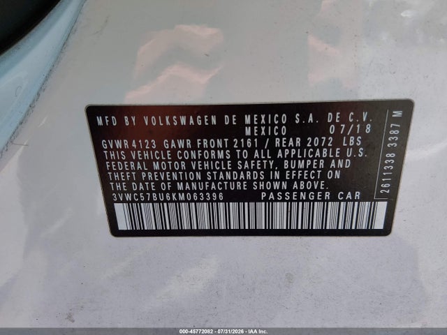 Aukcja sprzedaży 2019 Volkswagen Jetta 1.4t R-line/1.4t S/1.4t Se, vin: 3VWC57BU6KM063396, numer aukcji: 45772082