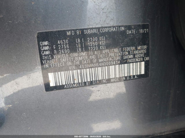 Продаж на аукціоні авто 2022 Subaru Legacy Limited, vin: 4S3BWAN64N3009414, номер лоту: 45772096