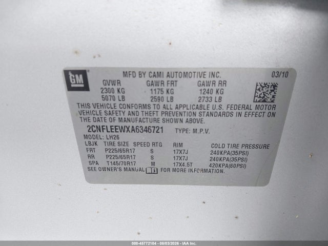 45772104 :رقم المزاد ، 2CNFLEEWXA6346721 vin ، 2010 Chevrolet Equinox Lt مزاد بيع