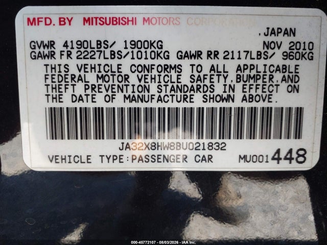 Aukcja sprzedaży 2011 Mitsubishi Lancer Sportback Gts, vin: JA32X8HW8BU021832, numer aukcji: 45772107