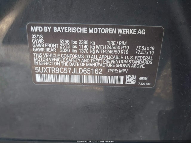 2018 Bmw X3 Xdrive30i მანქანა იყიდება აუქციონზე, vin: 5UXTR9C57JLD65162, აუქციონის ნომერი: 45772111